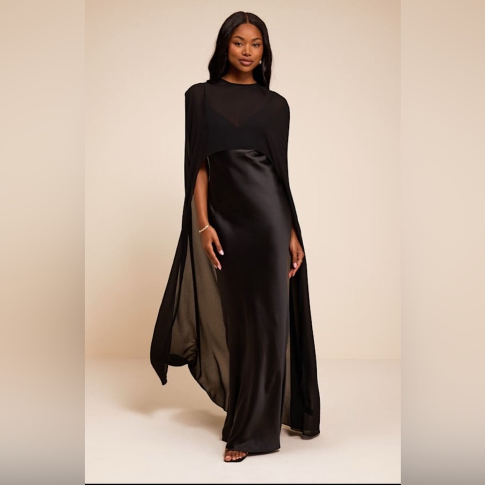 Lulus Cavana Black Satin Cape Maxi Dress - Size M